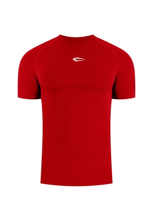 Rotes kurzärmeliges Sportshirt mit Rundhalsausschnitt und kleinem weißen stilisierten Falkenlogo auf der Brust.