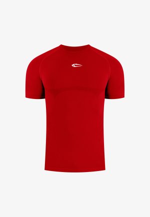 Rotes kurzärmeliges Sportshirt mit Rundhalsausschnitt und kleinem weißen stilisierten Falkenlogo auf der Brust.