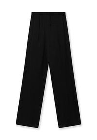 Pantaloni neri a gamba larga con vita elasticizzata e texture morbida e liscia. Presenta una tasca posteriore e una silhouette dritta e fluida.