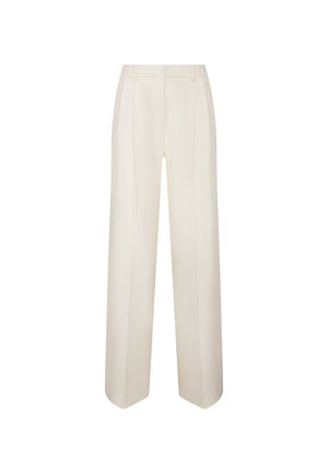 Pantaloni a vita alta e gamba larga color crema con passanti per cintura, pieghe davanti e chiusura con zip nascosta.