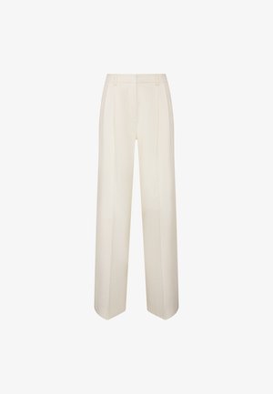 Pantaloni a vita alta e gamba larga color crema con passanti per cintura, pieghe davanti e chiusura con zip nascosta.