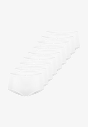 Satz von neun Paaren weißer Baumwoll-Slips mit glatter Oberfläche, mit niedrigem Bund und elastischem Taillenbund. Keine sichtbaren Muster oder Logos.