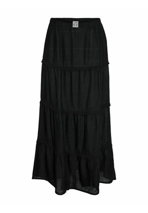 Black tiered midi skirt with elastic waistband and lace trim detailing on each tier.