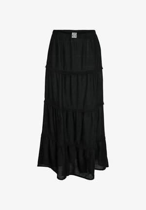 Black tiered midi skirt with elastic waistband and lace trim detailing on each tier.