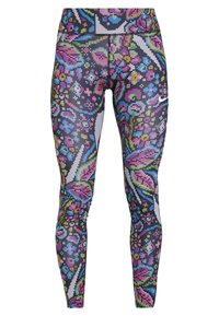 Leggings de alto rendimiento coloridos que presentan un patrón floral y geométrico en tonos de rosa, azul y verde sobre un fondo negro.