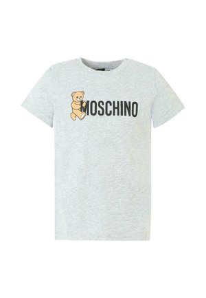 T-shirt en coton gris à manches courtes avec un ours en peluche en cartoon et le mot "Moschino" en lettres noires en gras.