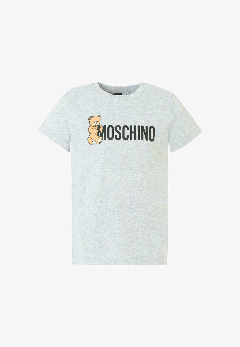 T-shirt en coton gris à manches courtes avec un ours en peluche en cartoon et le mot "Moschino" en lettres noires en gras.