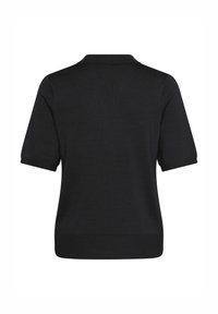 Polo noir à manches courtes avec une texture douce, col et ourlet côtelés. Design simple sans motifs ni accents visibles.