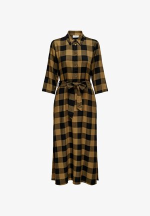 Robe longue à boutons, en motif tartan marron et noir, avec des manches trois-quarts et une ceinture nouée à la taille. Fabriquée dans un tissu doux avec une coupe décontractée.