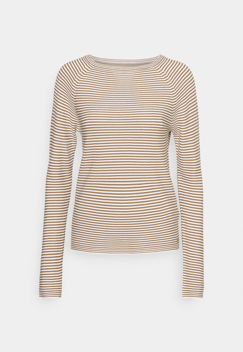 T-shirt à manches longues rayé horizontal beige et blanc avec encolure ronde, présenté à plat sur un fond gris clair.