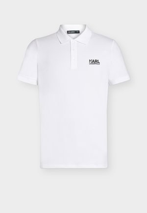 White short-sleeve polo shirt with collar and three buttons, featuring black "KARL LAGERFELD" logo on the left chest.