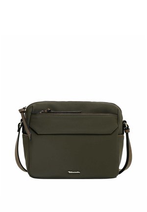 Sac bandoulière vert foncé avec poche avant zippée, détail rabat et sangle d'épaule réglable.