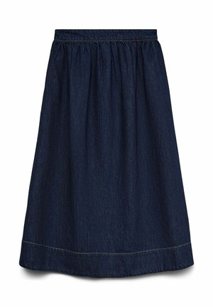 Tumedad denim-seelik, millel on elastne vöökoht, tükeldatud disain ja õmbluse detailid hemmi ääres. Tasane ja ilma kaunistusteta tekstuur.