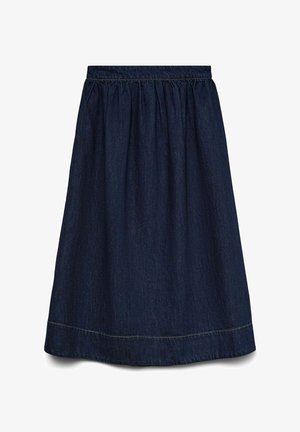 Tumedad denim-seelik, millel on elastne vöökoht, tükeldatud disain ja õmbluse detailid hemmi ääres. Tasane ja ilma kaunistusteta tekstuur.