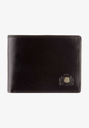 Black leather wallet with embossed logo, stitched edges, and a smooth texture. Features a classic bifold design.