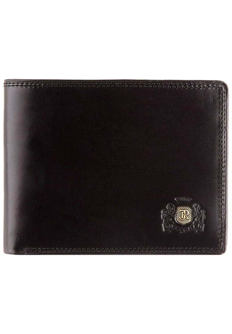 Cartera de cuero negra con logotipo en relieve, bordes cosidos y una textura suave. Presenta un diseño clásico de dos pliegues.