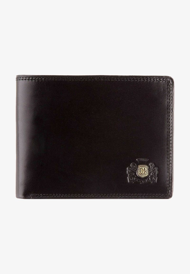 Black leather wallet with embossed logo, stitched edges, and a smooth texture. Features a classic bifold design.