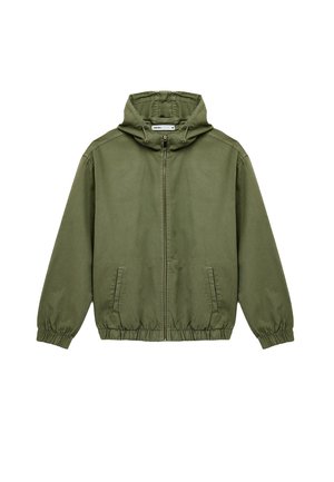 Olivegrüner, leichter Hoodie-Jacke mit Kapuze, elastischen Bündchen und Taille. Mit einem Vorderreißverschluss und zwei Seitentaschen. Glatte Stofftextur.