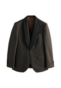 Dunkelbrauner gemusterter Blazer mit einem schwarzen Satin-Schalkragen, Einzelknopfverschluss und zwei Fronttaschen. Strukturierten Stoff mit einem subtilen Rautenmuster.