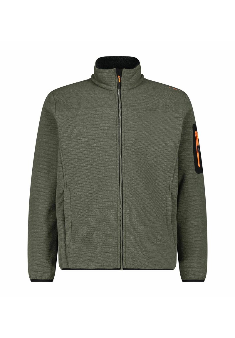 Olivgrüne Fleecejacke mit hohem Kragen, Frontreißverschluss und zwei Seitentaschen. Verfügt über eine schwarze Ärmel-Tasche mit einem orangefarbenen Reißverschluss-Zip.