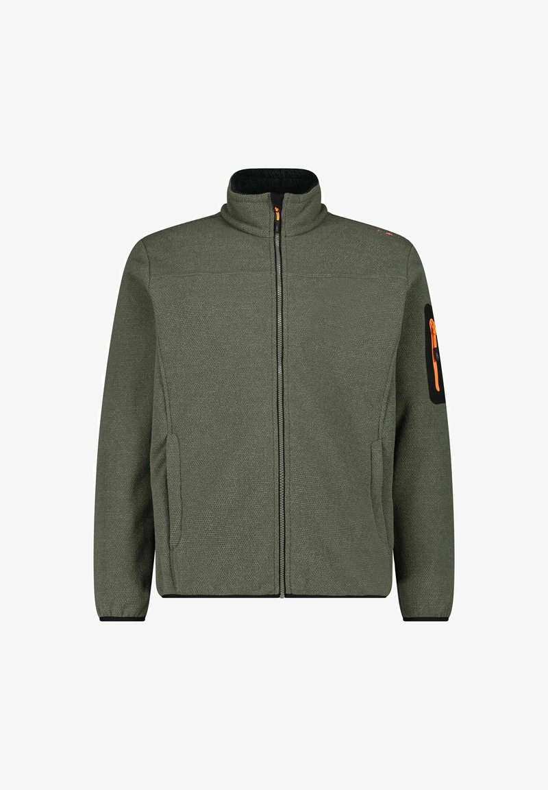 Olivgrüne Fleecejacke mit hohem Kragen, Frontreißverschluss und zwei Seitentaschen. Verfügt über eine schwarze Ärmel-Tasche mit einem orangefarbenen Reißverschluss-Zip.