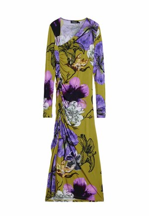 Langärmliges Kleid aus olivgrünem Stoff mit lila und weißen Blumenmustern; gerafftes Detail auf einer Seite für zusätzlichen Textur.