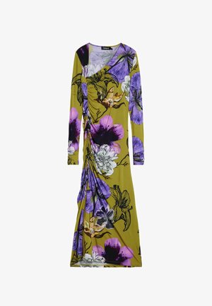 Langärmliges Kleid aus olivgrünem Stoff mit lila und weißen Blumenmustern; gerafftes Detail auf einer Seite für zusätzlichen Textur.