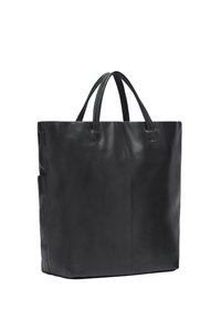 Schwarze Ledertasche mit doppelten Griffen, strukturierte rechteckige Form, glatte Textur, minimale Nähte und eine seitliche Tasche.