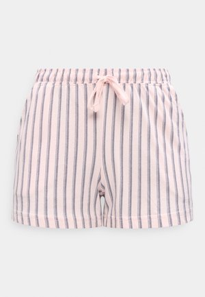 Rosa Shorts mit vertikalen dunkelblauen Streifen, elastischem Bund und vorderem Kordelzug, dargestellt vor einem einfachen hellen Hintergrund.