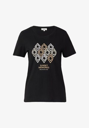 Black cotton t-shirt with short sleeves featuring a diamond pattern in brown, white, and gold, and "SUNSET MEMORIES" text in front.