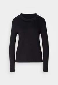 Zwarte langsleevetop gemaakt van zachte stof, met een gedrapeerde col en een slim fit. Gladde textuur met aansluitende mouwen en zoom.