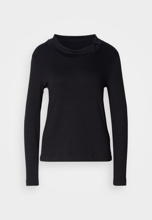 Zwarte langsleevetop gemaakt van zachte stof, met een gedrapeerde col en een slim fit. Gladde textuur met aansluitende mouwen en zoom.
