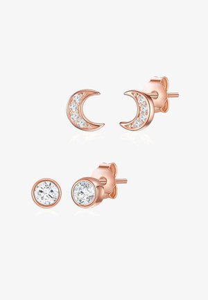 Naušnice od ružičastog zlata s dva dizajna: u obliku polumjesecca s prozirnim kamenčićima i okrugle s centralnim prozirnim kamenčićem.