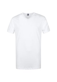 Witte V-hals t-shirt van katoen. Korte mouwen, relaxte pasvorm, effen kleur, geen patronen of accenten, gladde textuur, standaard zoom.