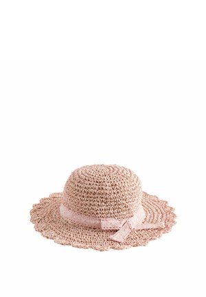 Light pink woven sun hat with wide scalloped brim and matching fabric bow around the crown, shown against a white background.