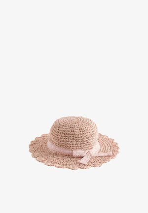 Light pink woven sun hat with wide scalloped brim and matching fabric bow around the crown, shown against a white background.