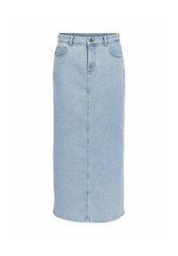 Light blue denim midi skirt with a straight cut, front button closure, belt loops, and two side pockets. Features a faded wash texture.