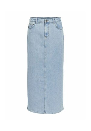 Gaiši zils džinsi midi svārki ar taisnu griezumu, priekšējo poga aizdari, jostas cilpām un divām sānu kabatām. Iezīmēts ar izbalinātu mazgāšanas tekstūru.