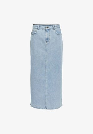 Gaiši zils džinsi midi svārki ar taisnu griezumu, priekšējo poga aizdari, jostas cilpām un divām sānu kabatām. Iezīmēts ar izbalinātu mazgāšanas tekstūru.