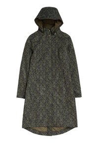 Hooded kabát v tmavě zelené barvě s geometrickým vzorem, se strukturovanou podšívkou, kapsami na patentky a mírně zakřiveným lemem.