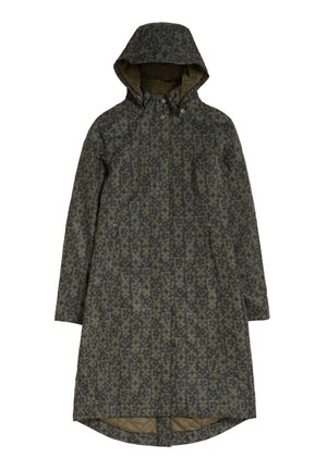 Cappotto con cappuccio verde scuro con un motivo geometrico, caratterizzato da un rivestimento interno testurizzato, chiusure a scatto e un orlo leggermente curvato.