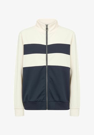 Veste zippée avec un col montant, en tissu lisse avec des rayures horizontales blanches et bleu marine. Poignets et base côtelés pour une coupe ajustée.