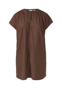 Bruine linnen tuniek met een V-hals en korte mouwen, met subtiele plooien bij de halslijn en een ontspannen silhouet.