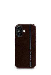 Braune Leder-Handyhülle mit blauem Streifendetail, Aussparung für Dual-Kamera und strukturierter Oberfläche. Die seitlichen Tasten sind sichtbar.