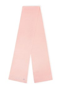Écharpe rose clair en matière tricotée douce. Présente une texture lisse et un ourlet décoratif orné de petits strass pour un détail supplémentaire.