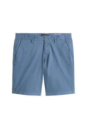 Blue men's casual shorts with belt loops, button and zipper closure, side pockets, and elastic waistband inserts.