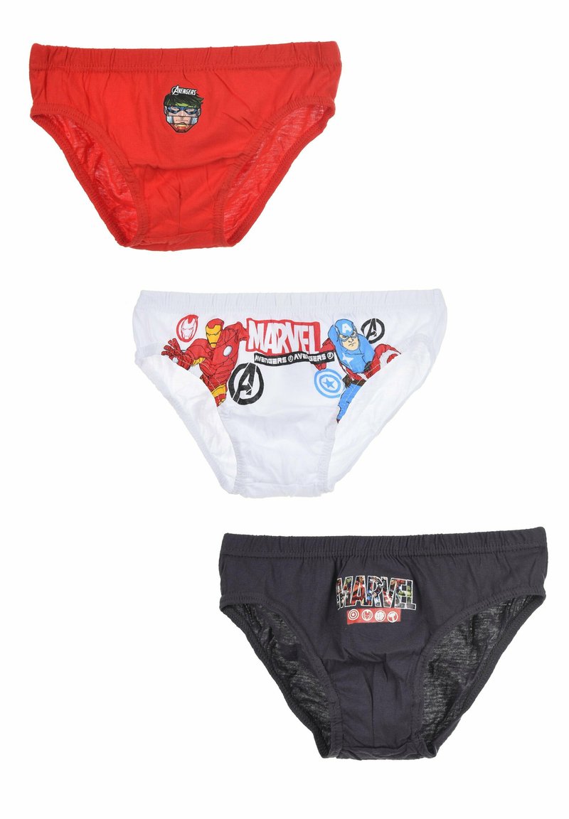 Drei Paare Kinderunterwäsche: rot mit einem Superhelden-Motiv, weiß mit Marvel-Charakteren und schwarz mit einem bunten "MARVEL"-Logo.