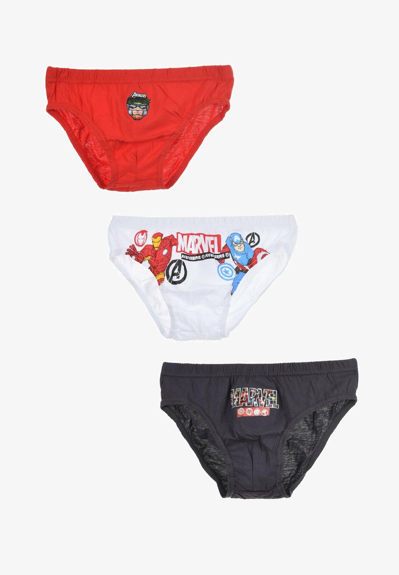 Tre paia di underwear per bambini: rossi con una grafica di supereroi, bianchi con personaggi Marvel e neri con un colorato logo "MARVEL".