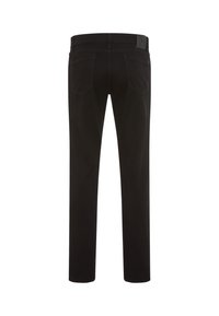 Pantaloni neri in denim con taglio dritto, caratterizzati da cuciture sottili, due tasche posteriori e passante per cintura in vita.