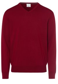 Pull col V bordeaux à manches longues, poignets et ourlet côtelés, texture en maille lisse, avec un petit logo sur le côté gauche de la poitrine.